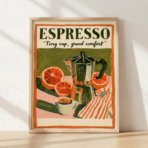 Vintage Art Deco espresso poster with warm orange and olive green tones featuring a delicate coffee cup, moka pot, and grapefruit on cream background, framed wall art with retro sophistication.