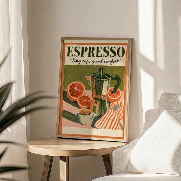 Retro coffee bar art print in dusty pink, orange, and black showcasing an espresso cup and vintage moka pot with grapefruit, displayed as framed wall décor with Art Deco styling.