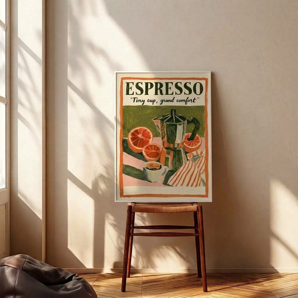 Warm vintage coffee poster featuring an espresso cup, traditional moka pot, and citrus fruit in sophisticated dusty pink and olive green palette, framed as inviting kitchen wall art.