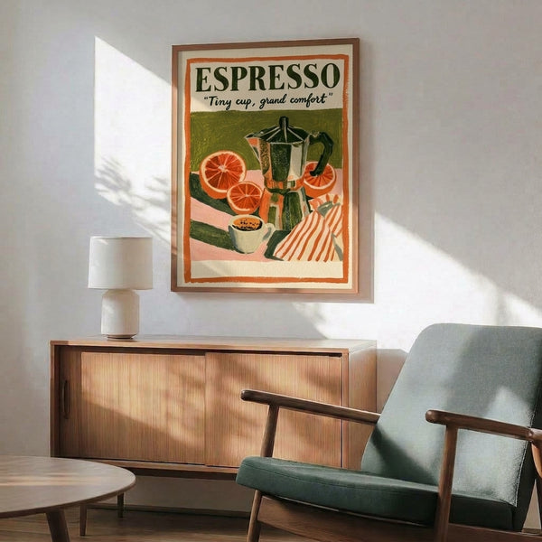 Art Deco style espresso print with cream background and warm orange accents depicting a coffee cup, moka pot, and grapefruit, framed vintage kitchen wall art with retro charm.