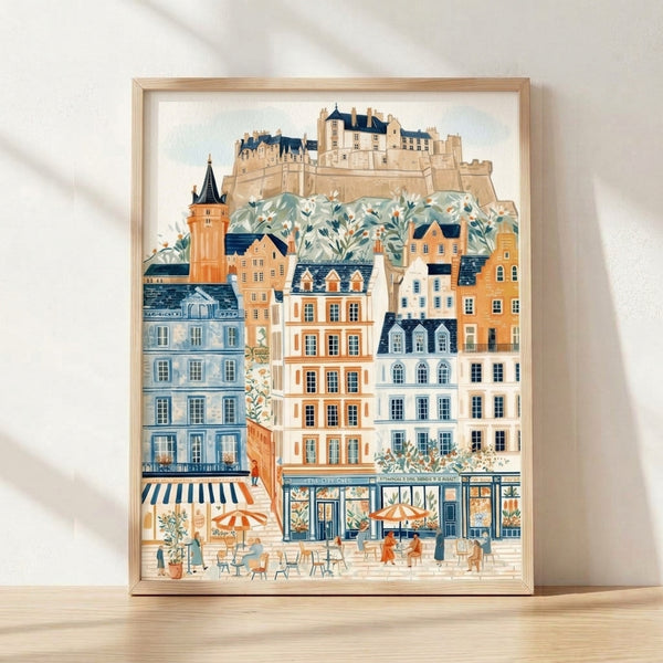 Watercolor painting of Edinburgh Castle and historic street buildings in soft cream, orange, and navy blue tones, featuring a charming cottagecore scene with cafe and flowers, framed poster on wall.
