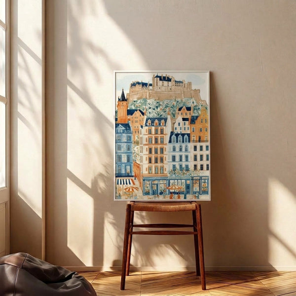 Whimsical watercolor art print depicting a cozy Edinburgh street with castle tower, period architecture, and nostalgic charm in pale yellows and soft greens, displayed as framed wall decor.