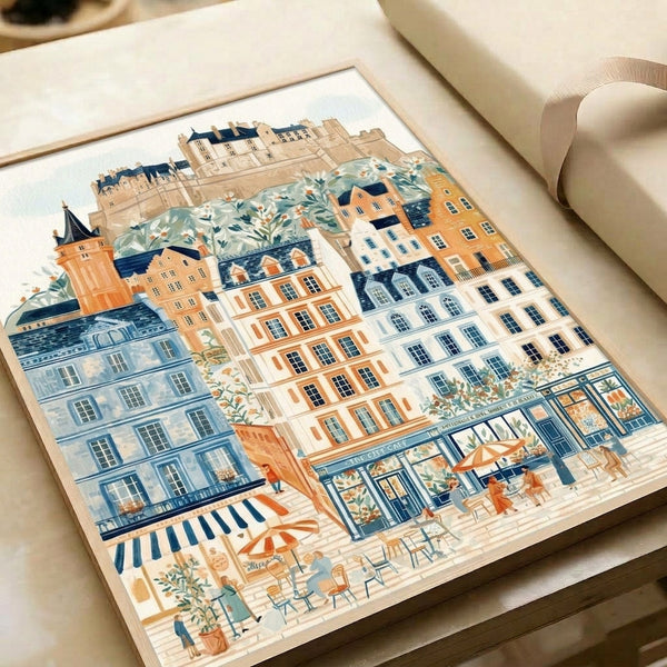 Nostalgic watercolor poster art capturing a quaint Edinburgh street leading to the castle, rendered in soft palette of cream, navy, and pale yellow with whimsical cottagecore details, wall-mounted frame.