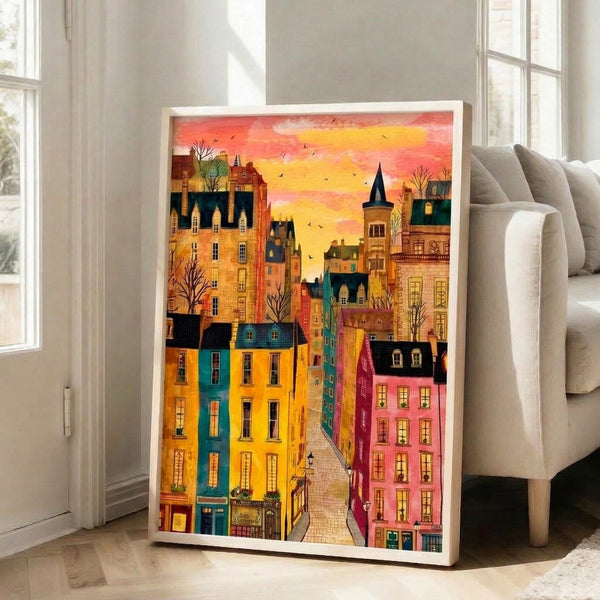 Nostalgic watercolor cityscape featuring ochre and pink-hued architecture along a charming street, with a castle silhouette and birds in flight against a warm-toned sky, displayed as a framed art print.