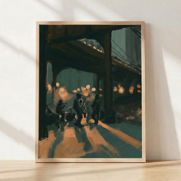 Watercolor jazz scene set under a bridge at dusk, featuring silhouetted musicians and patrons in a dimly lit café with warm amber and teal tones creating an intimate, contemplative atmosphere.