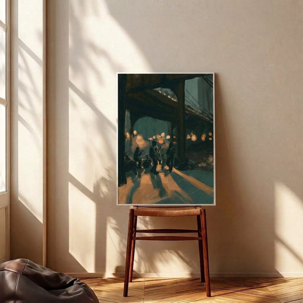 Impressionist-style poster of an evening gathering beneath a bridge where jazz musicians perform, rendered in deep forest green, burnt orange, and pale cream with soft, atmospheric lighting.