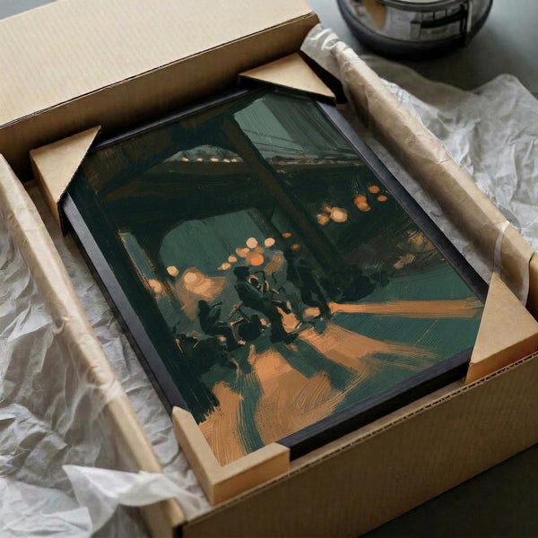 Atmospheric framed art print showing an intimate evening jazz performance in a bridge-side café, blending impressionist technique with contemplative mood in earthy oranges and cool teal hues.