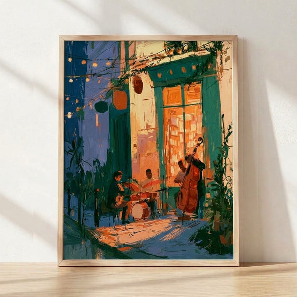 Watercolor poster of three musicians performing in a twilight courtyard alley, with warm lantern light glowing against deep blue evening tones and terracotta building facades.