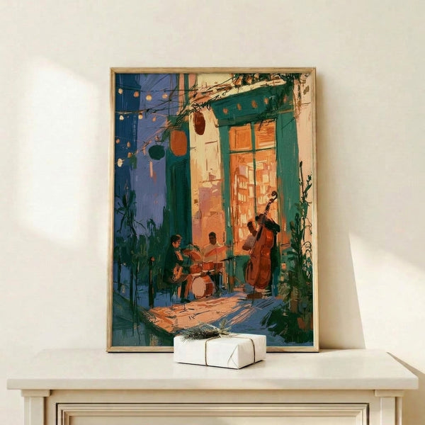 Serene impressionist art print depicting a jazz trio playing in an atmospheric street scene, surrounded by potted plants and architectural elements in cream, forest green, and orange hues.