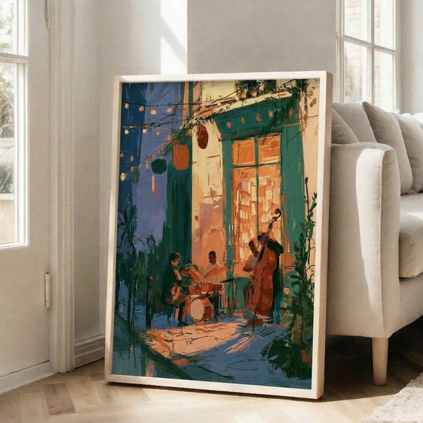 Modern watercolor framed poster showing musicians with guitar and cello in a contemplative nighttime courtyard setting, rendered in moody blues and warm golden light.