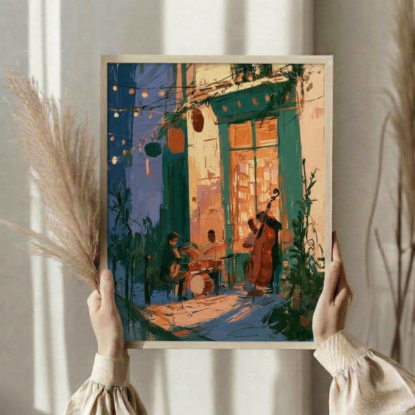 Cultured impressionist wall art of an intimate jazz performance in a quiet urban alley at dusk, with layered watercolor washes of deep blue, warm orange, and muted green tones.