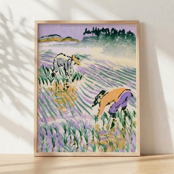 Watercolor landscape painting of a dog in a lavender field with green grass and cream accents, featuring forest and water elements in contemplative yet energetic pastoral style.
