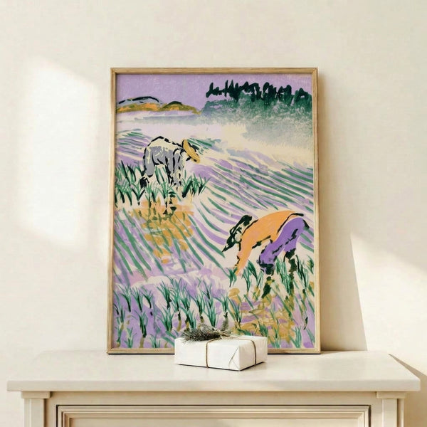 Modern watercolor art print showing a dog amid blooming lavender and green vegetation with dark teal water and forest backdrop in warm gold and cream tones.