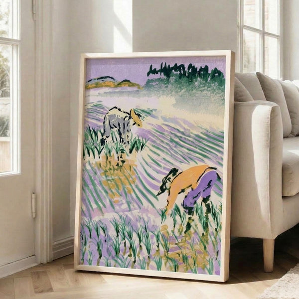 Contemplative watercolor landscape featuring a dog standing in a lavender-filled countryside scene with grassy meadows, distant forest, and serene water in soft greens and lavender hues.