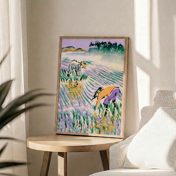 Pastoral watercolor poster depicting a dog in an expansive lavender field with energetic brushwork, natural greens, cream highlights, and moody dark teal water and forest elements.