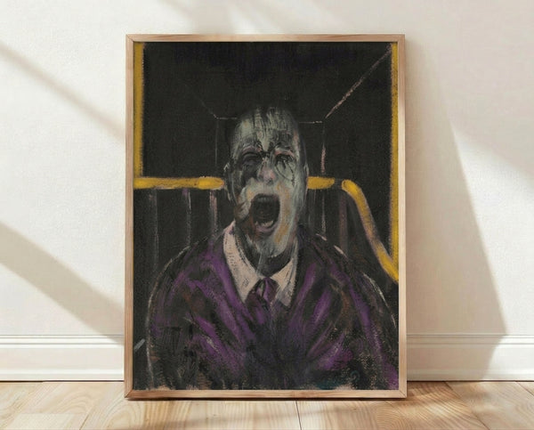 Dark expressionist portrait of a screaming man with anguished features rendered in black, white, yellow, and purple tones on a framed art print.