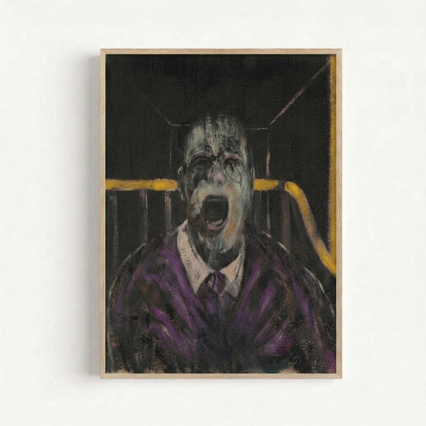 Gothic-style study of a distressed male face with intense psychological expression, featuring bold charcoal and purple accents in modern expressionist style.