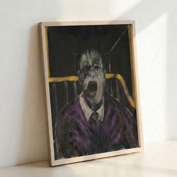 Framed black and white portrait print depicting a man in emotional turmoil with yellow and purple highlights, executed in contemporary gothic aesthetic.