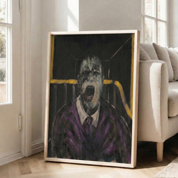 Modern dark art print showing an anguished screaming figure with expressive brushwork in monochromatic and purple-yellow palette, mounted as wall decor.