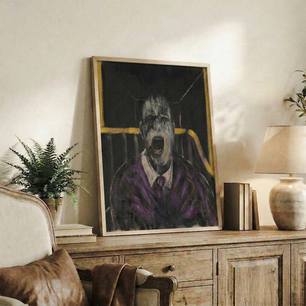 Psychological gothic portrait of a tormented man's face rendered in expressionist style with striking black, white, and purple color composition.