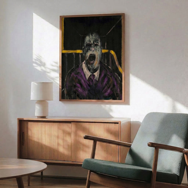 Contemporary expressionist wall art print featuring a distressed male visage with intense emotions conveyed through bold charcoal, yellow, and purple tones.