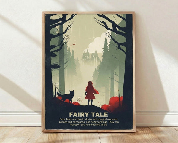 Minimalist poster art depicting a girl in red navigating an enchanted forest with a wolf, castle, and bird in muted sage green, cream, and charcoal tones; whimsical cottagecore style framed on wall.