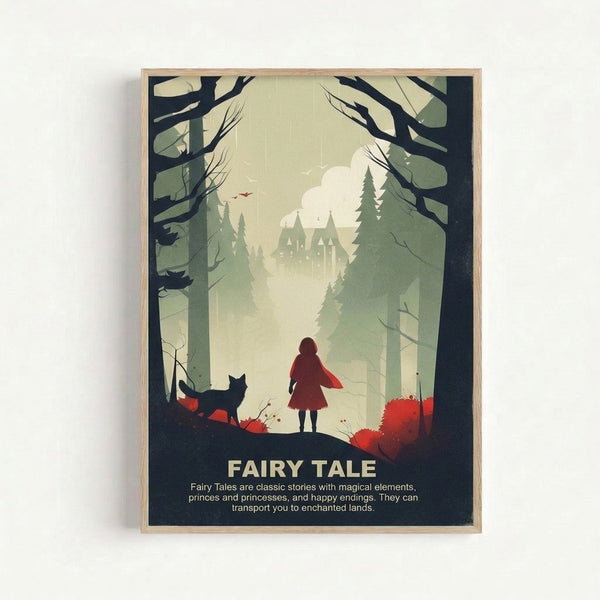 Framed modern fairy tale art print featuring a figure in deep red among stylized forest trees, mysterious wolf, and distant castle in a serene palette of greens and creams.