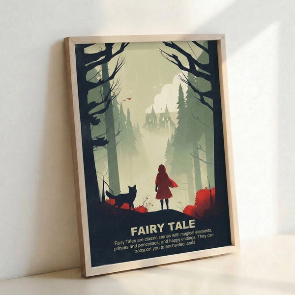 Cottagecore-inspired wall art showing a young girl's journey through an enchanted woodland with wolf and castle silhouettes in minimalist sage, cream, and black hues.
