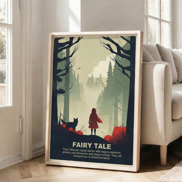 Modern take on Little Red Riding Hood with minimalist forest scene, mysterious wolf companion, and castle backdrop in soft greens, warm cream, and deep charcoal framed poster.