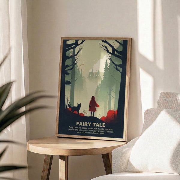 Whimsical framed print blending fairy tale storytelling with minimalist forest landscape, featuring girl, wolf, trees, and castle in an enchanted palette of sage and cream.