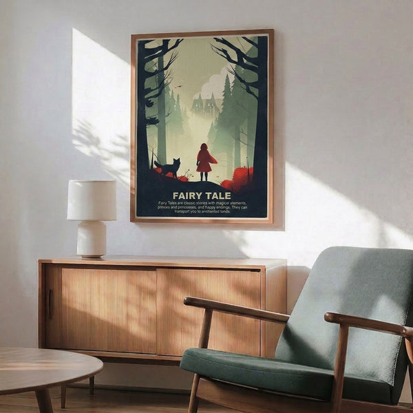 Contemporary poster art reimagining a forest journey with cottage-core aesthetics, set in muted tones of green, cream, and red with minimalist wolf and castle motifs.