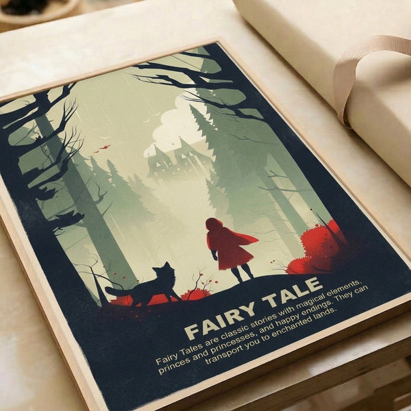 Enchanted forest poster with minimalist design showing a mysterious woodland tale, girl in red, wolf, bird, and castle among stylized trees in sage, cream, and charcoal.