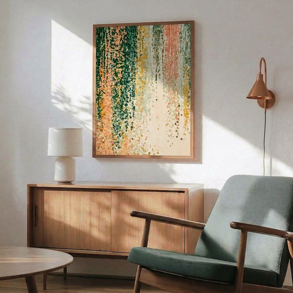 Contemporary abstract artwork displaying organic falling dots in earthy greens and coral hues with golden accents, conveying peaceful movement and natural flow.