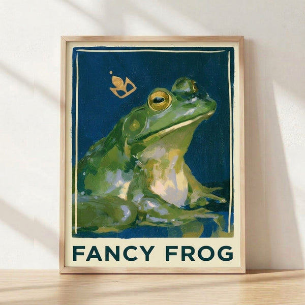 Vintage Art Deco frog portrait framed on wall, rendered in deep teal and olive green with cream and gold accents, featuring a whimsical yet sophisticated aesthetic.