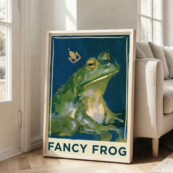 Framed poster of an elegant frog with butterfly, styled in Art Nouveau fashion using a sophisticated palette of teal, olive, cream, and gold tones.