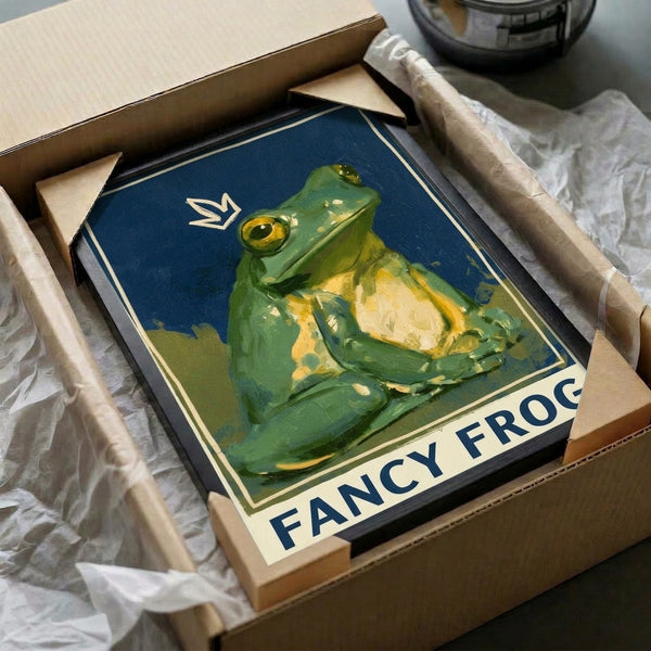 Framed vintage-style poster presenting a whimsical crowned frog in Art Nouveau aesthetic, blending navy, sage, cream, and gold into a charmingly dignified composition.