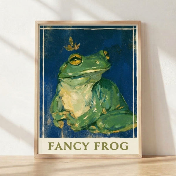Vintage art deco style frog portrait in deep teal, cream, and gold tones, displaying whimsical charm on a framed poster.