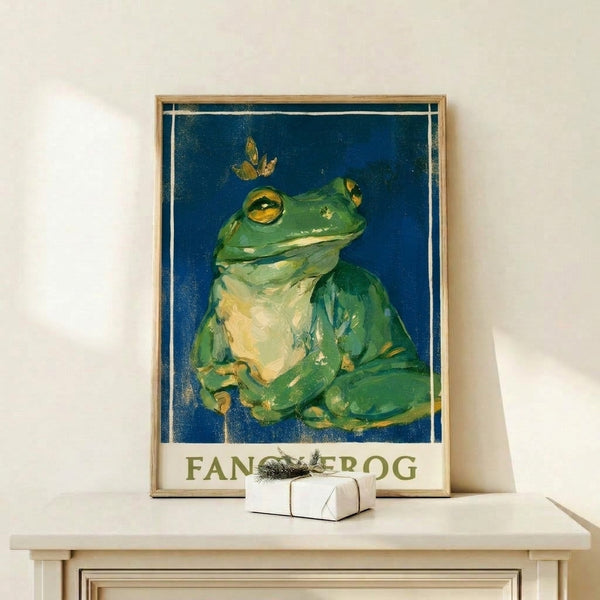 Charming nostalgic frog illustration with art deco elements in rich teal and olive green hues, presented as a framed wall print.