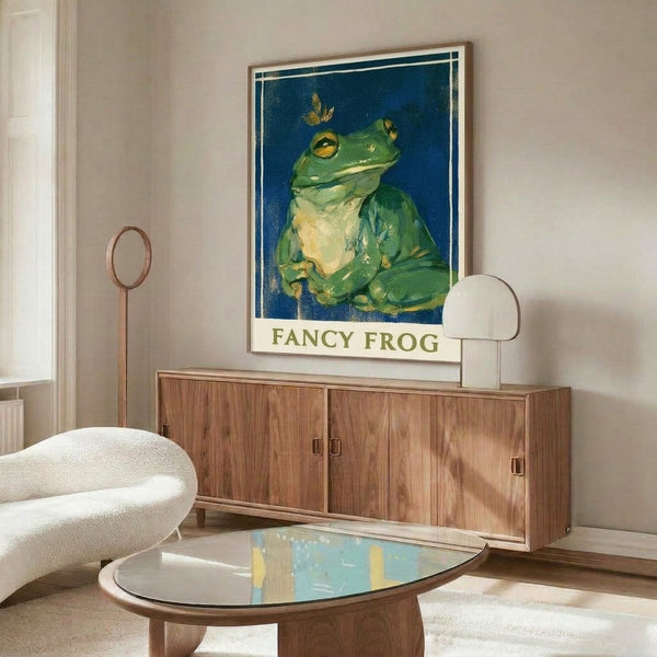 Whimsical frog portrait featuring art deco design with warm cream and cool teal accents, displayed as framed wall art with vintage appeal.
