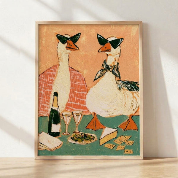 Whimsical retro folk art poster of a goose enjoying wine and cheese at a picnic, rendered in warm peach, coral, and forest green tones with a charming boho aesthetic.