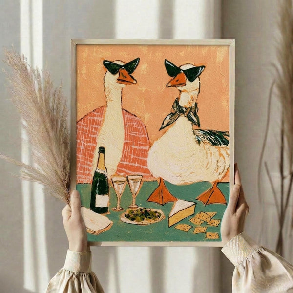 Festive framed print featuring a playful duck surrounded by wine glasses, cheese, and crackers in a folk art style with burnt orange and cream colored palette.