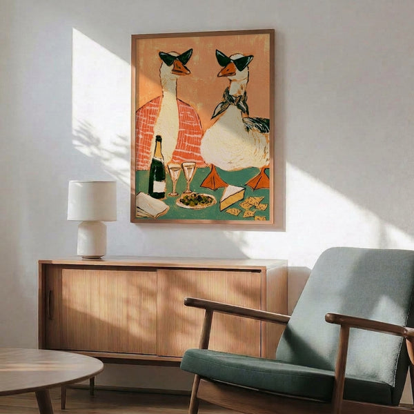 Charming boho wall art depicting a silly goose host at a wine and cheese gathering, illustrated in retro style with peachy and forest green hues.
