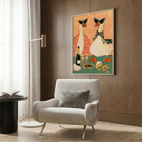 Whimsical poster print of a cheerful bird hosting a wine party with cheese and crackers, styled in retro folk art with warm coral and cream tones.