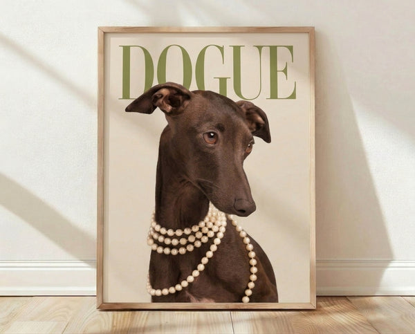 Pop art framed poster featuring a stylish Italian Greyhound wearing pearls in cream, brown, and olive green tones with a whimsical fashion-forward vibe.