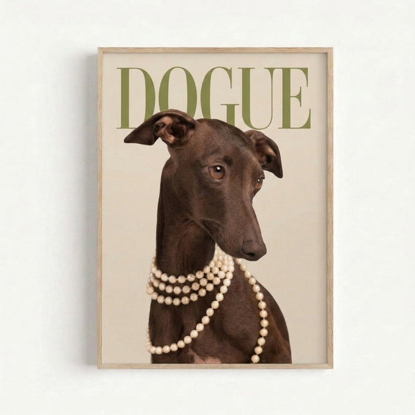 Sophisticated yet humorous modern art print of an elegant greyhound adorned with pearls, rendered in a pop art style with warm neutral and muted green hues.