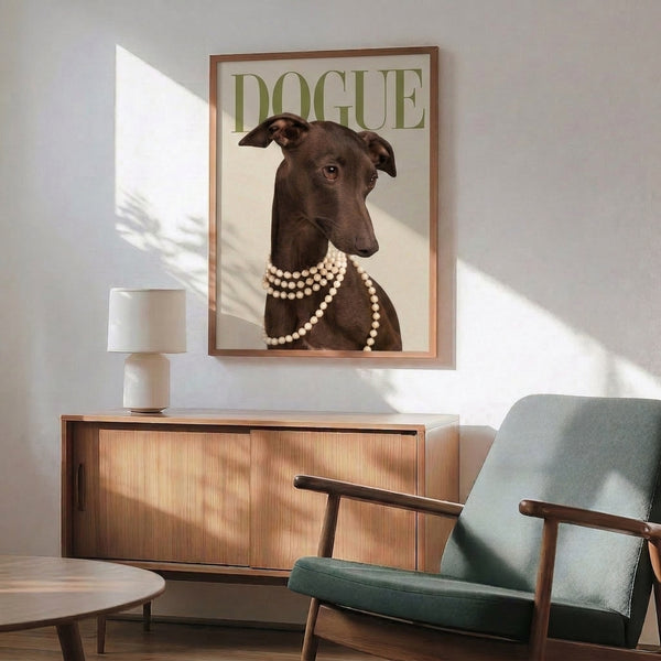 Contemporary pop art poster of a pearl-adorned Italian Greyhound with a sophisticated, tongue-in-cheek fashion illustration style in muted cream and olive palette.