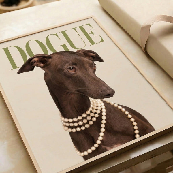Whimsical framed art print featuring a dapper greyhound wearing pearls, executed in bright pop art style with cream, brown, and olive green accents.