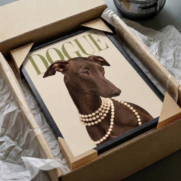 Modern pop art wall poster presenting an elegant Italian Greyhound accessorized with pearls in a playful, fashion-inspired composition with warm neutral tones.