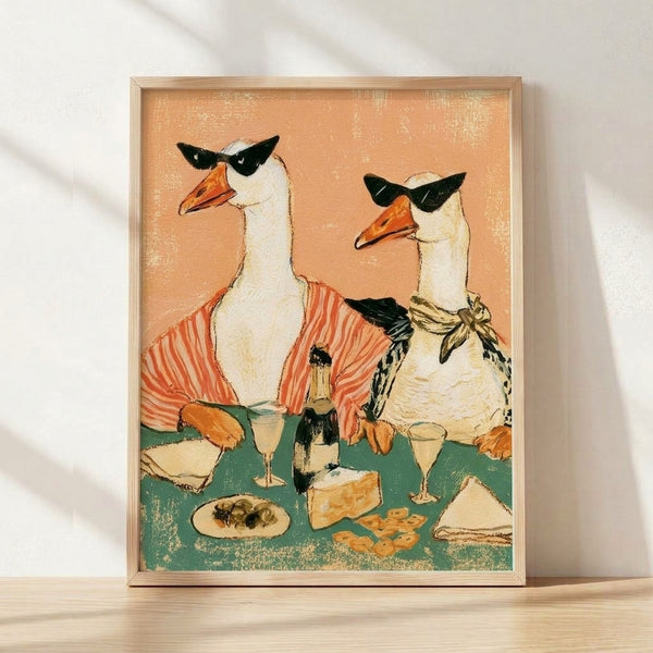 Retro-style poster art featuring a whimsical goose wearing sunglasses, holding a champagne glass surrounded by wine bottles, cheese, and crackers in warm tan, coral, and forest green tones.