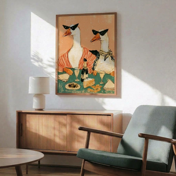 Sophisticated yet playful vintage poster showing a cool goose in sunglasses savoring champagne with charcuterie, rendered in warm coral-orange, cream, and forest green hues.